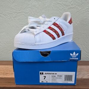 Adidas Women's Superstar White with Red Stripes Sneakers. Size 7